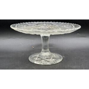 VTG Pressed Glass Pedestal Cake Stand 8.25" Scalloped Edge Starburst Design
